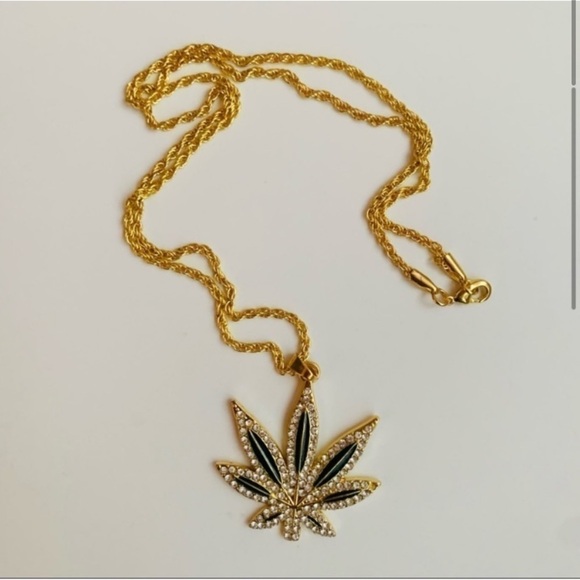 Chain Green Leaf Necklace Diamond Pendant Chain Hip Hip Bling - Picture 3 of 8